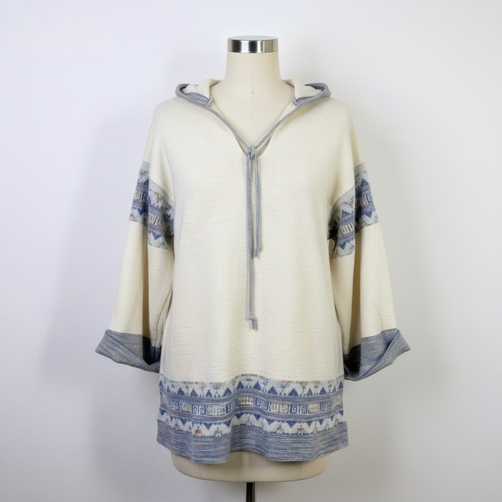 Cuddle Knit Sweater Large Cream Aztec Print Bell Sleeve Hooded Pullover Vintage‎